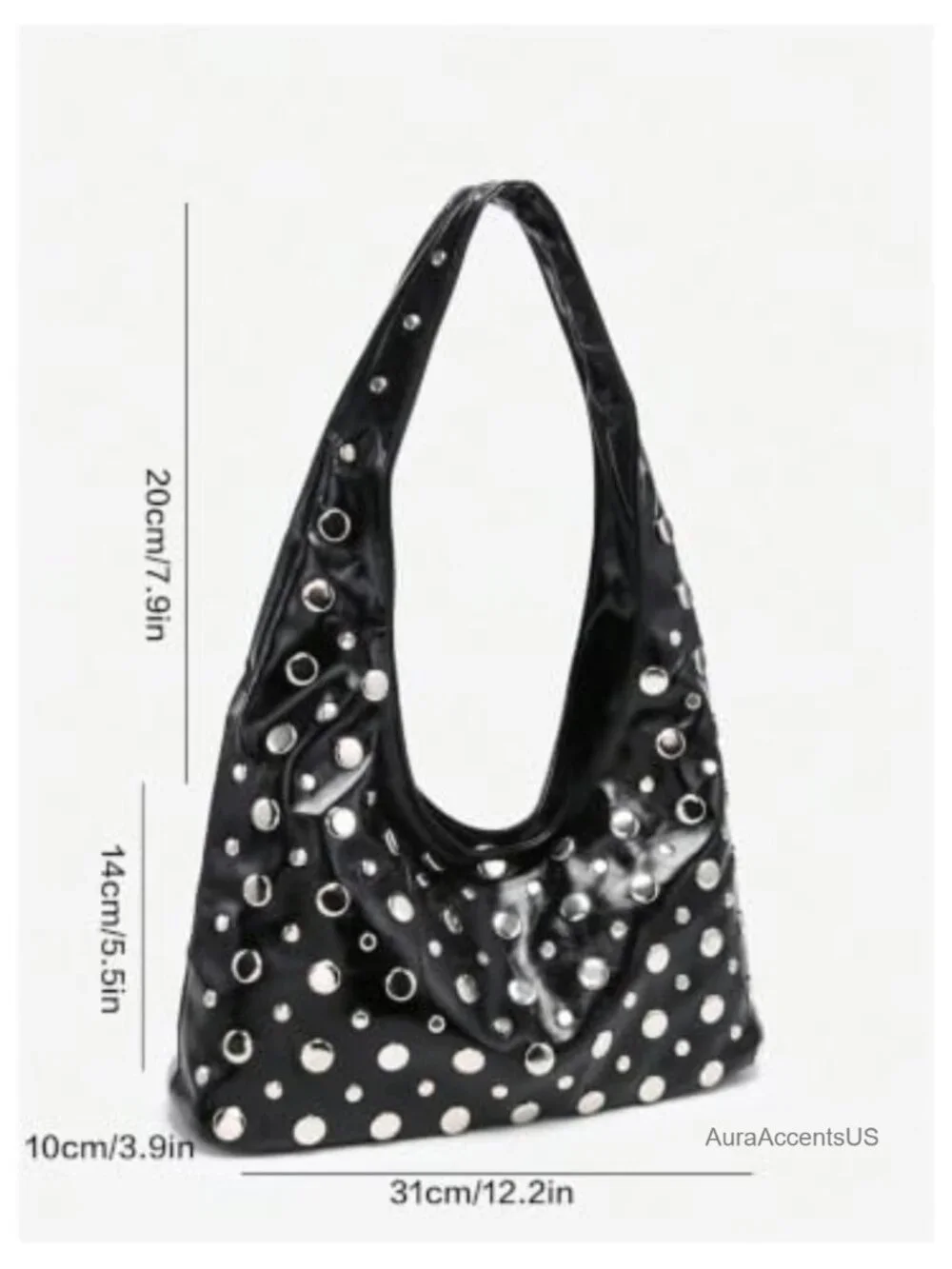 Faux Leather Rivet Studded Hobo Handbag Top Handle Y2K Punk Crescent Purse